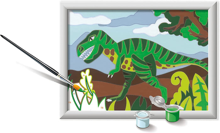 Paint-by-numbers kit of a green T-Rex in a silver frame, with a paintbrush and two small pots of paint.