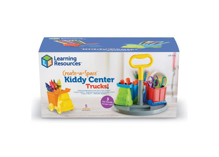 Box for a kids' art organizer featuring three colorful truck-shaped cups on a rotating base with a yellow handle.