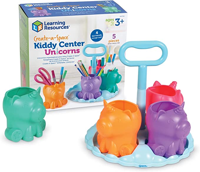 Teal, orange, purple and pink unicorn cups on a blue cloud base with a handle, shown next to the product box.