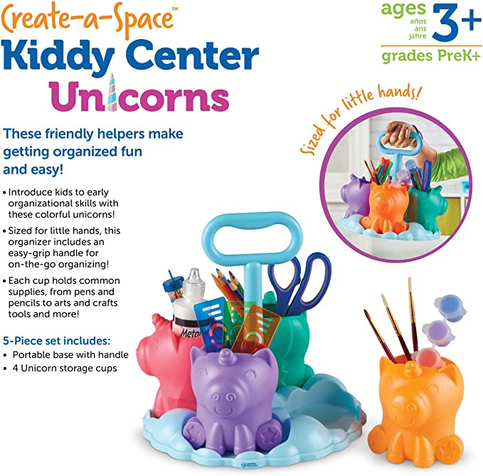 Colorful art organizer with four unicorn-shaped cups on a light blue cloud base with a handle, holding craft supplies.
