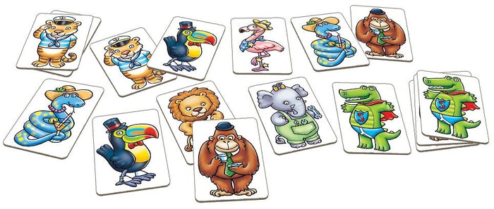 Colorful character cards featuring cartoon animals like a crocodile, tiger, and snake in playful outfits.