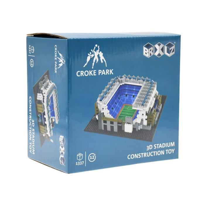 Blue box for a 1337-piece BRXLZ 3D stadium construction toy, showing a detailed model with white stands and a green field.