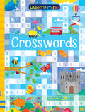 Vibrant crossword book cover featuring space, vehicle, insect, castle, and sea life illustrations.