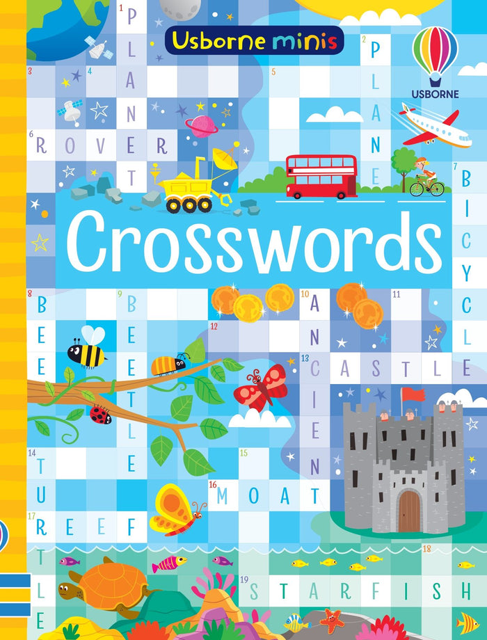 Vibrant crossword book cover featuring space, vehicle, insect, castle, and sea life illustrations.
