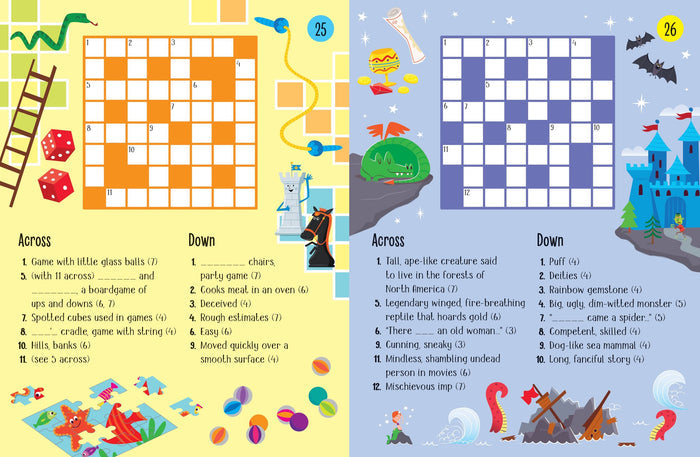 Two colorful children's crossword pages with puzzle grids and illustrations of a dragon, castle, snake, and ladder.