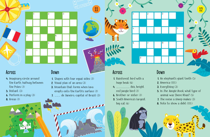 Two colorful kids' crossword book pages with travel and jungle themes, animal illustrations, and word puzzle grids.