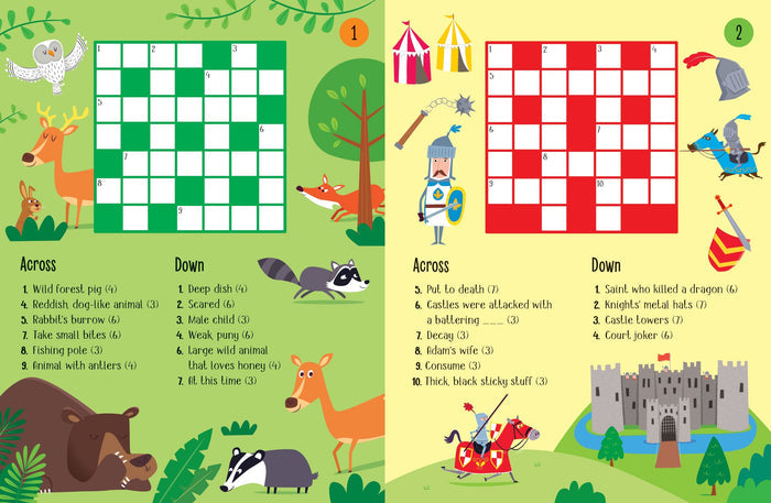 Two colorful crossword puzzles for kids featuring forest animals and knights with whimsical illustrations.