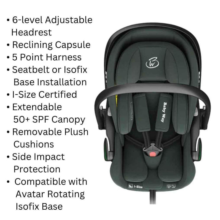 Baby Way NZ Crown i-Size reclining capsule car seat with ISOFIX base in olive, designed for toddlers, shown installed in vehicle.