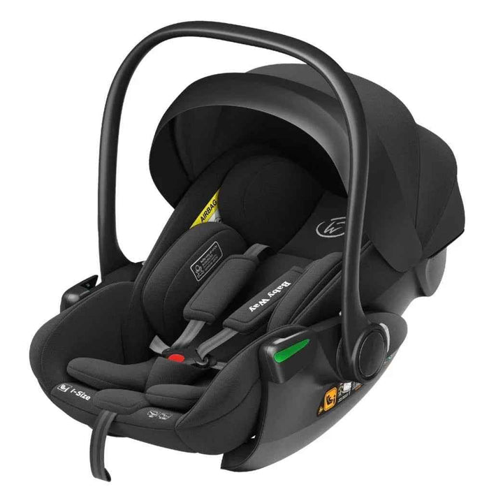 Baby Way NZ Crown i-Size reclining capsule car seat in black with 6-level adjustable headrest for baby and toddler safety.