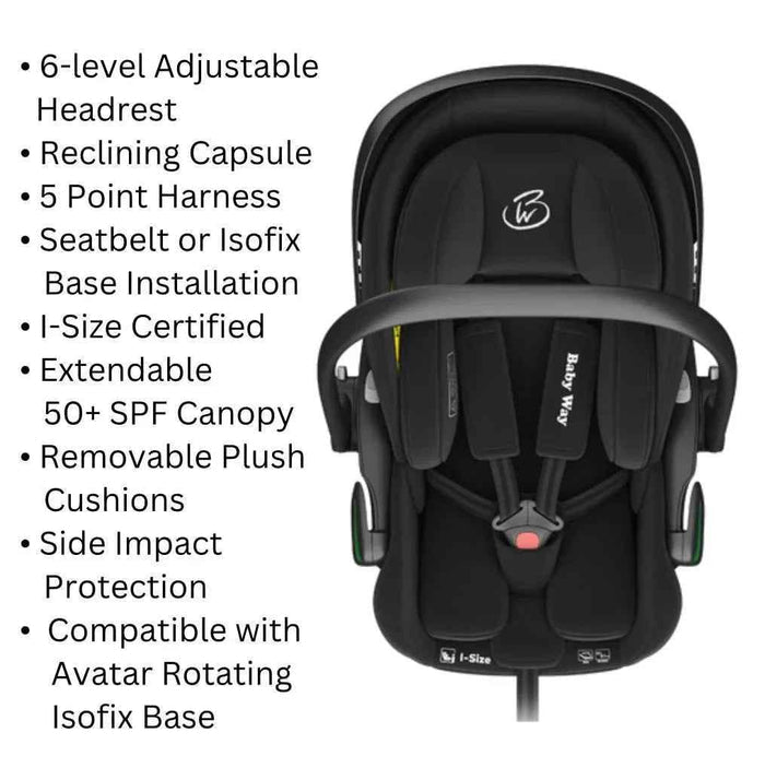 Baby Way NZ Crown i-Size reclining capsule car seat in black with 6-level adjustable headrest for infant safety and comfort.