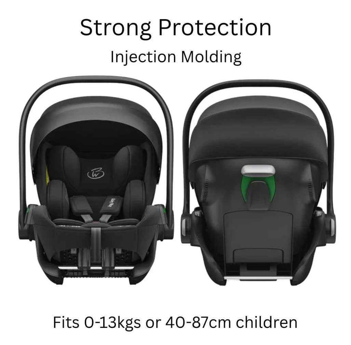 Baby Way NZ Crown i-Size reclining capsule car seat in black with 6-level adjustable headrest for babies and toddlers.