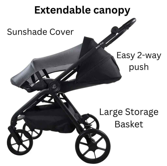 Baby Way NZ Crown Y luxury reversible open bassinet stroller with sunshade and extended canopy, showing the sleek stroller frame and canopy