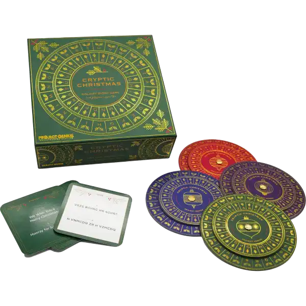 Cryptic Christmas holiday word game including a green square box, circular cipher wheels, and square game cards.