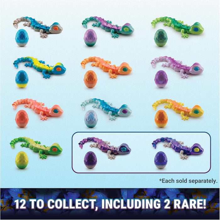 Twelve colorful articulated toy geckos with matching eggs in various gradient patterns, including two rare designs.