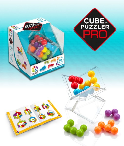 Puzzle game packaging, clear plastic cube stand, colorful connected sphere pieces, and an open challenge booklet.