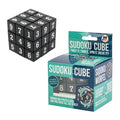 Black 3x3 puzzle cube with white numbers on each face, standing next to its teal and blue retail box.