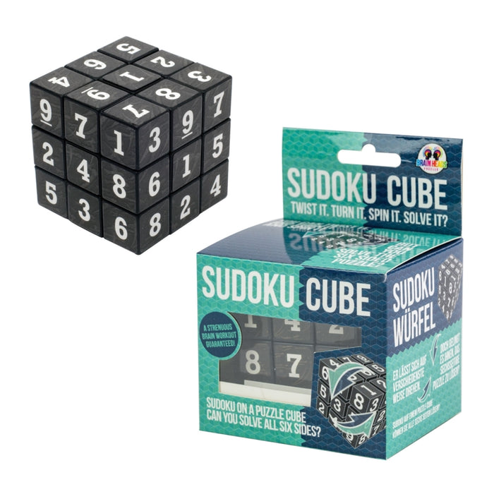 Black 3x3 puzzle cube with white numbers on each face, standing next to its teal and blue retail box.