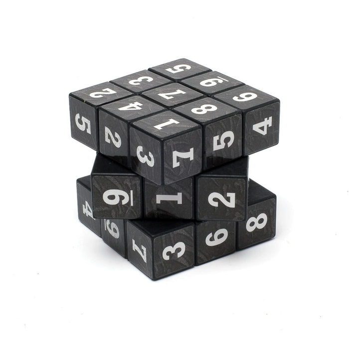 Black textured 3x3 puzzle cube with white numbers 1-9 on each face, shown with the middle layer partially rotated.