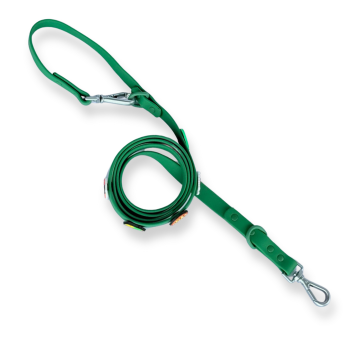 Green customizable dog lead by Walkieez, featuring durable material and adjustable length for comfortable walking.