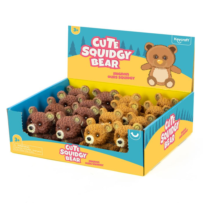 Small brown textured toy bears in a yellow and blue display box featuring Cute Squidgy Bear branding.