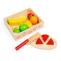 Wooden crate of colorful toy fruit with a knife and cutting board featuring three sliced pieces of watermelon.