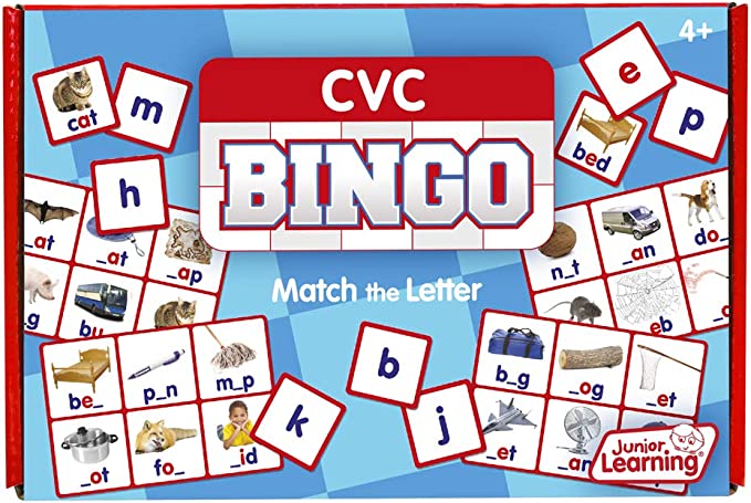 CVC Bingo game box featuring blue checkered design, red headers, and colorful bingo cards with matching letter tiles.