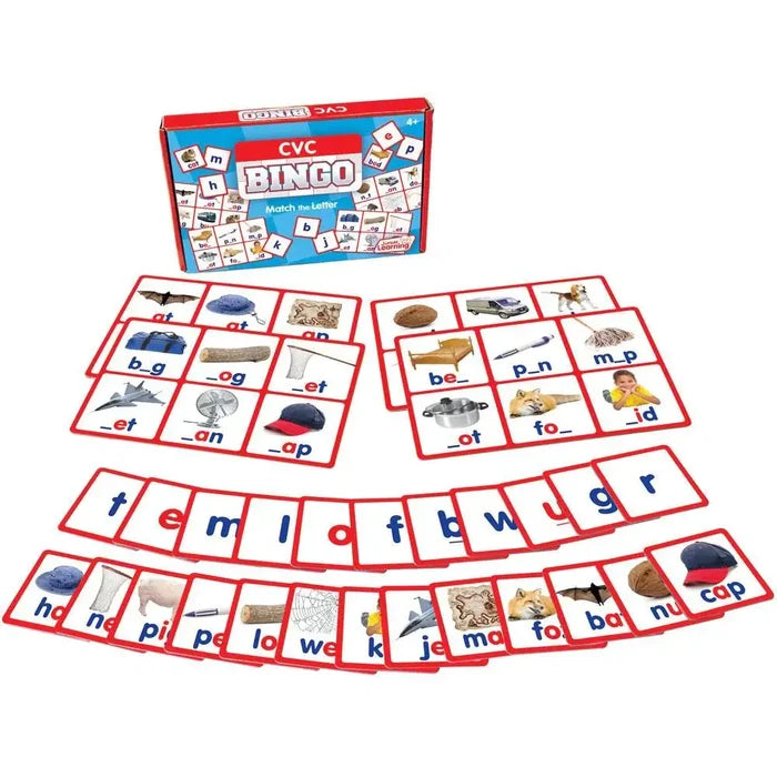 CVC Bingo game set featuring a red box, picture boards, blue letter tiles, and red-bordered illustrated word cards.