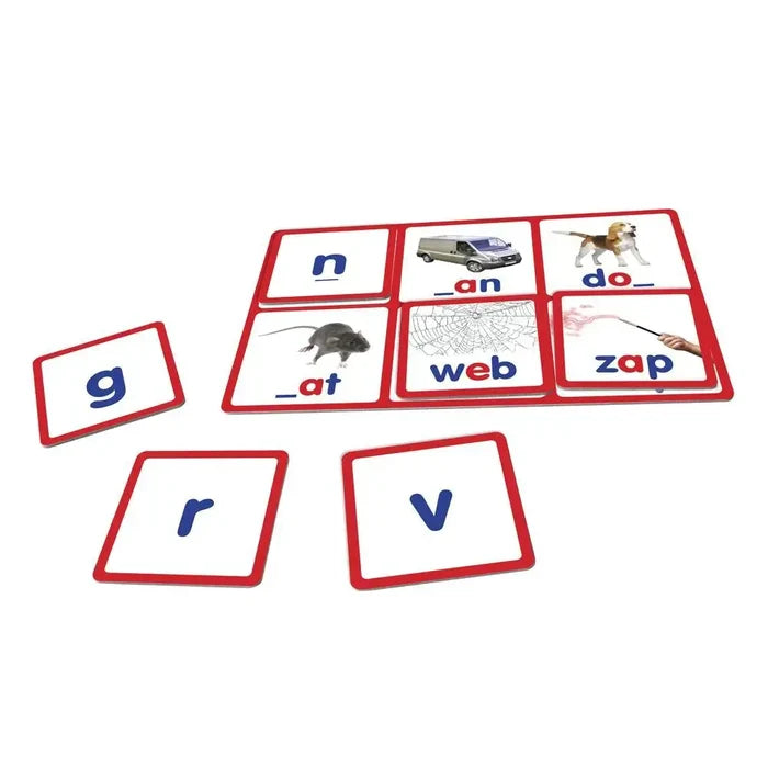 Red bingo board with pictures and incomplete words next to separate letter tiles g, r, and v.