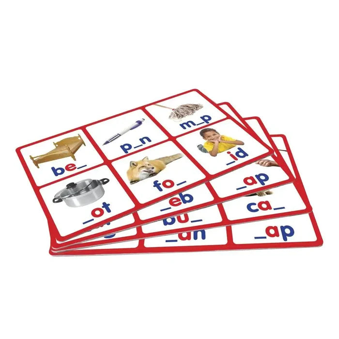 Three white bingo cards with red borders featuring photos and incomplete three-letter words in blue text.