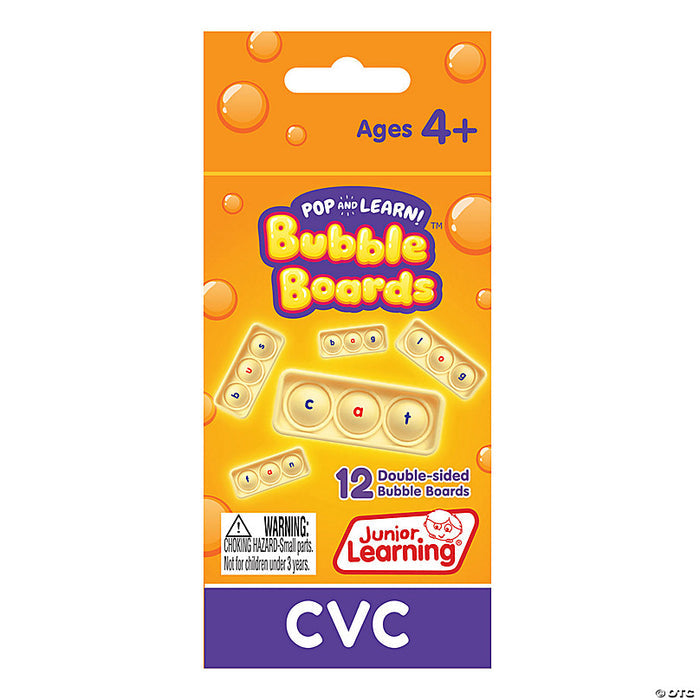 Packaging for 12 CVC Bubble Boards showing white pop-it boards with letters spelling words like cat, dog, and sun.