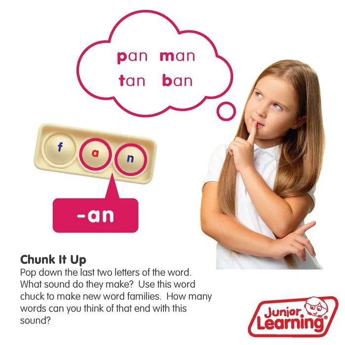 A girl thinking of word families next to a tactile three-circle bubble board spelling the word fan.