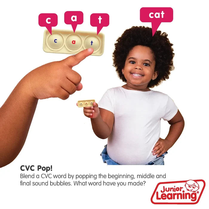 Girl holding beige three-bubble toy. Diagram shows hand popping circles with letters c, a, and t to spell the word cat.