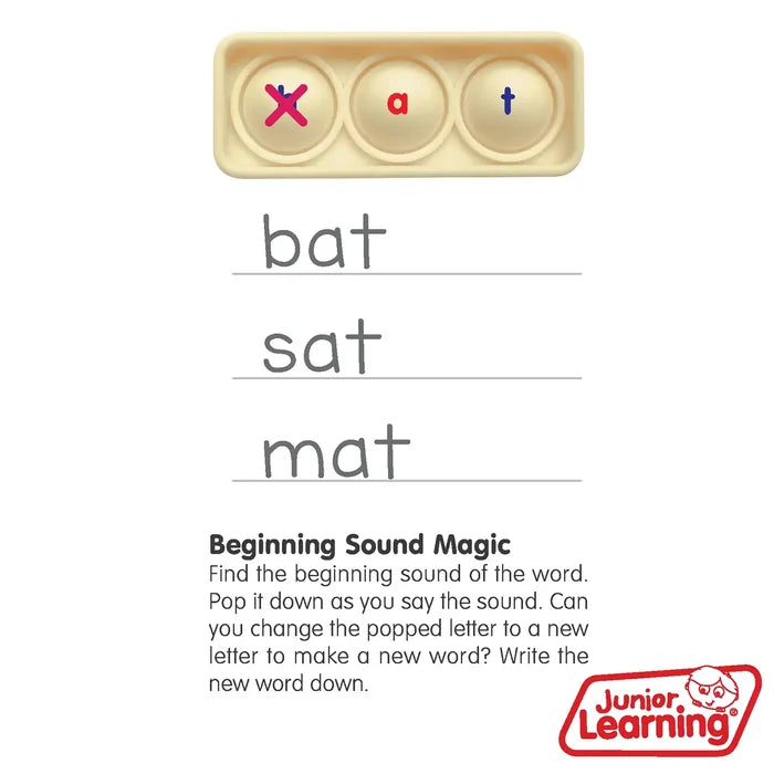 Beige silicone three-bubble board with letters x, a, t above handwritten words bat, sat, and mat on a worksheet.