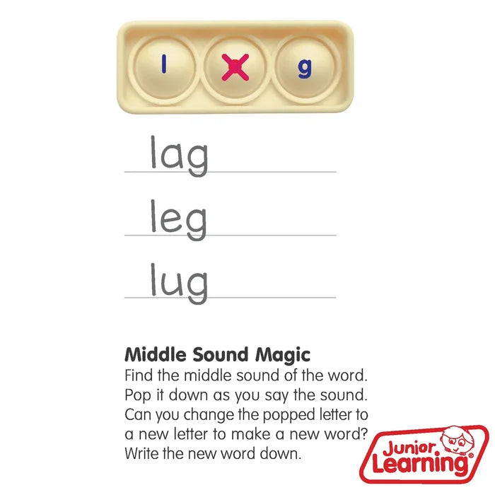 A beige bubble board showing letters l and g with a red x, above the words lag, leg, and lug on a worksheet.