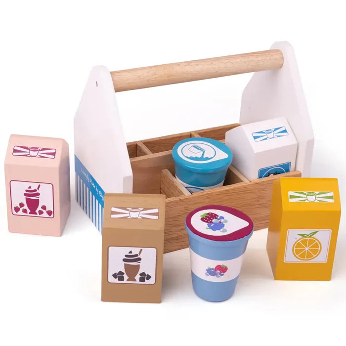 Wooden toy carrier holding colorful milk cartons and yogurt cups with fruit and chocolate illustrations.