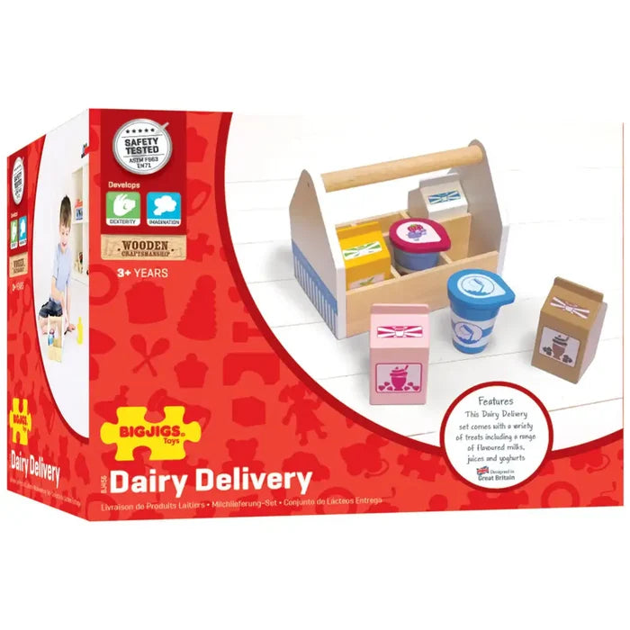 Red toy box featuring colorful wooden milk cartons and yogurt cups in a white and light wood carry crate.