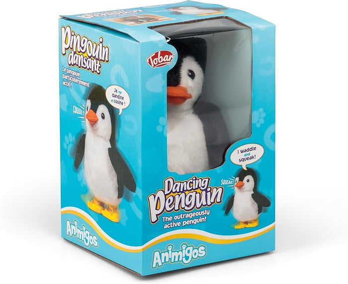 Plush black and white penguin toy with an orange beak in a bright blue Animigos Dancing Penguin display box.