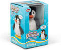 Plush black and white penguin toy with an orange beak in a bright blue Animigos Dancing Penguin display box.