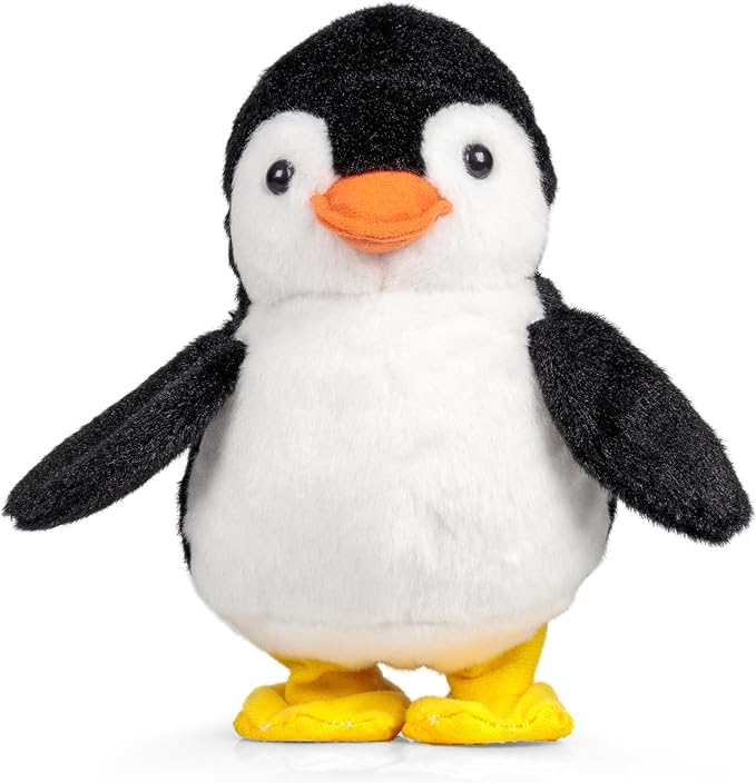 Plush black and white penguin toy with an orange beak and yellow feet standing with its wings spread.