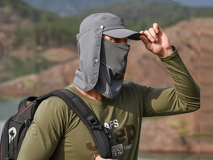 Dark grey wide brim sun hat with UV protection, ideal for outdoor fishing and hiking, by dealonline.co.nz.