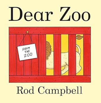 Dear Zoo book cover: a tan lion inside a red slatted crate with a From the Zoo tag on a yellow background.