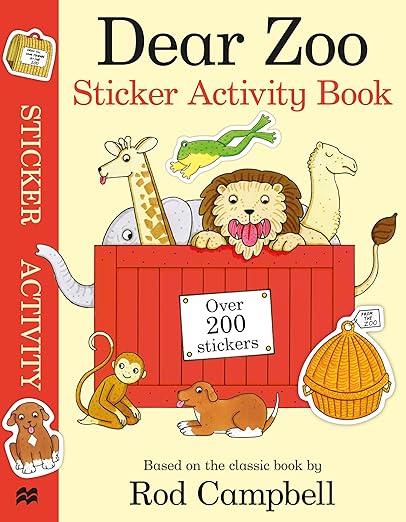 Book cover with cartoon zoo animals in a red crate. Over 200 stickers. Features a lion, giraffe, monkey, and dog.