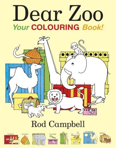 Cover of Dear Zoo Your Colouring Book featuring line-art of a giraffe, elephant, and lion with bright shipping crates.