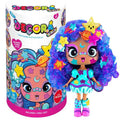 Celestia doll with curly blue hair and star stickers next to her colorful Decora Girlz cylinder packaging.