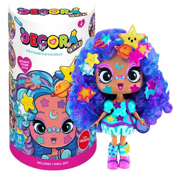 Celestia doll with curly blue hair and star stickers next to her colorful Decora Girlz cylinder packaging.