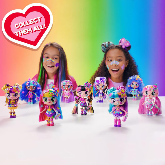 Nine colorful Decora Girlz dolls with vibrant hair stand before two girls against a rainbow background.