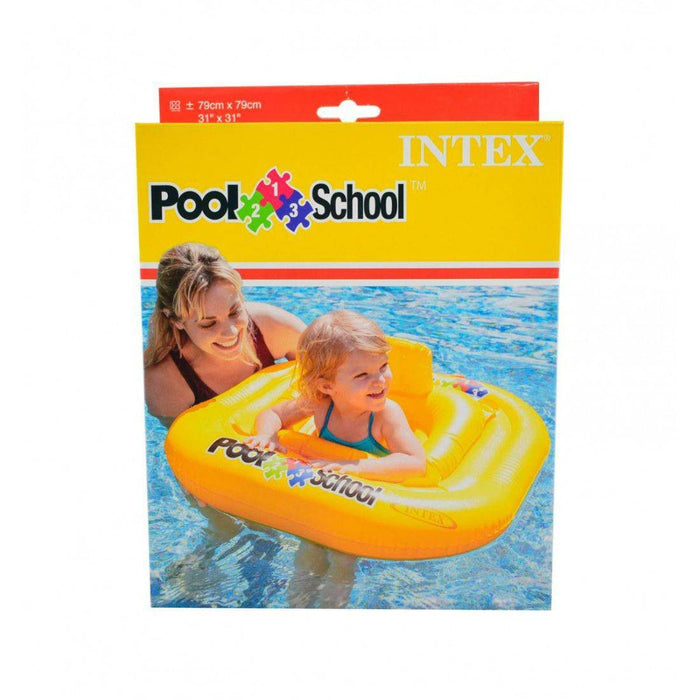 Yellow Intex packaging for an inflatable square baby float featuring a child and adult in a swimming pool.
