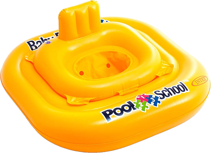 Square bright yellow inflatable baby float with leg holes, a backrest, and colorful Pool School branding.