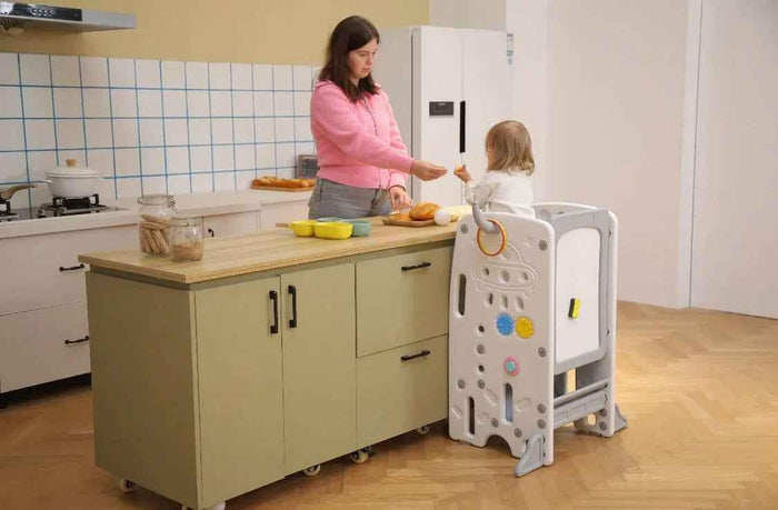 Baby Way NZ toddler learning tower step stool with activity centre, featuring colorful design and sturdy construction for safe indoor use.