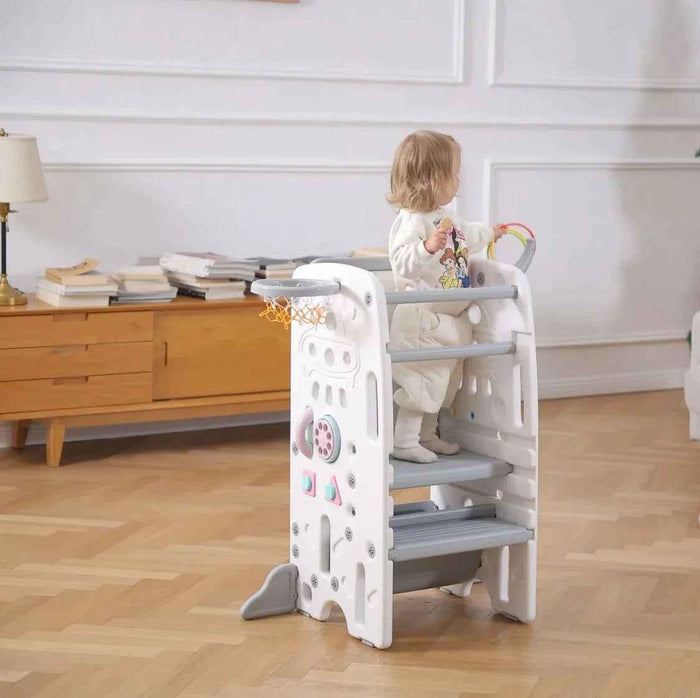 Baby Way NZ deluxe toddler learning tower step stool with activity centre, featuring safety rail and colorful interactive elements.